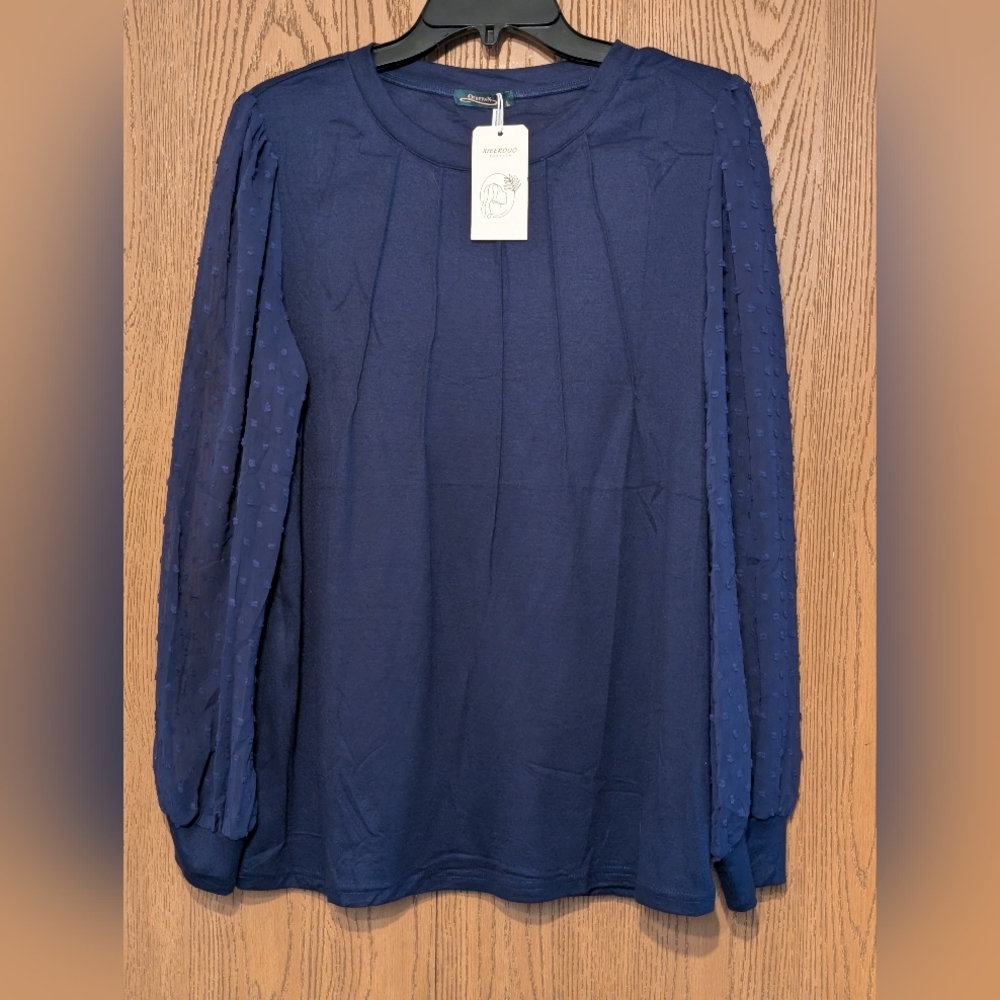 Navy Blouse With Sheer Long Sleeves With Swiss Dot Detail